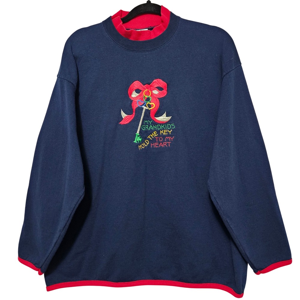 VTG‎ 90s GRANDMA Made Usa XL NAVY RED EMBROIDERED GRANDKID KEY M&C COTTAGECORE